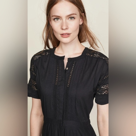 LOVE SHACK FANCY Black Edie Cotton Poplin Lace Button-Down Shirt Dress S B1670 - Picture 3 of 7